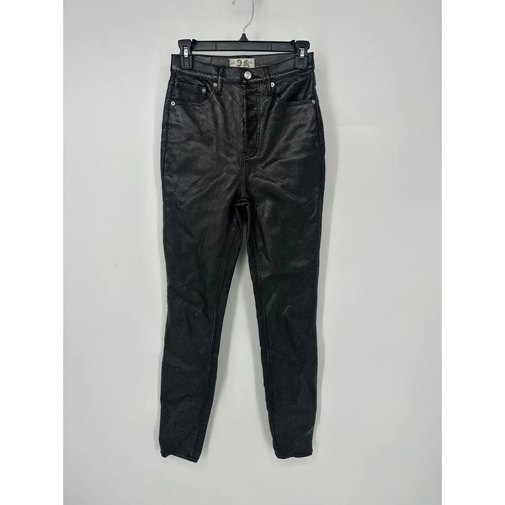 Free People Phoenix coated pants 26 black shiny high rise button fly mob wife - Picture 2 of 12